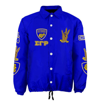Red Sigma Gamma Rho Coach Line Jacket with personalized front, back, and sleeve embroidery
