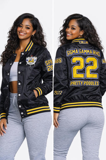 Red Sigma Gamma Rho Coach Line Jacket with personalized front, back, and sleeve embroidery