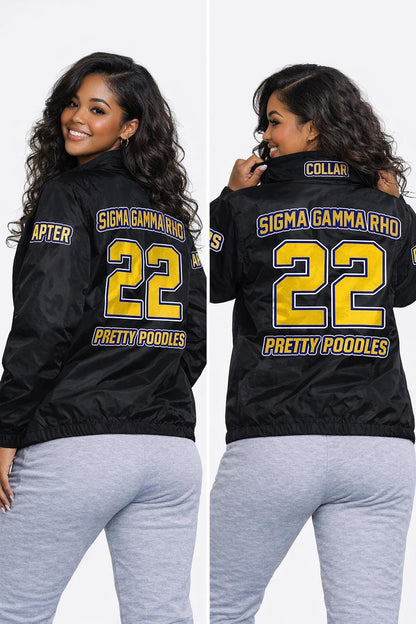 Black / Red Sigma Gamma Rho Coach Line Jacket with personalized front, back, and sleeve embroidery