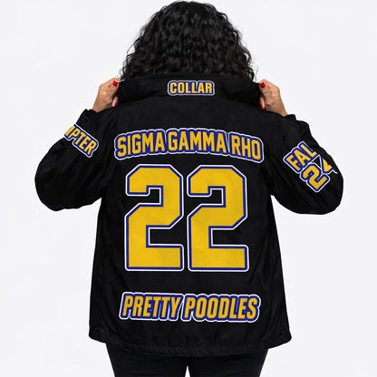 Red Sigma Gamma Rho Coach Line Jacket with personalized front, back, and sleeve embroidery