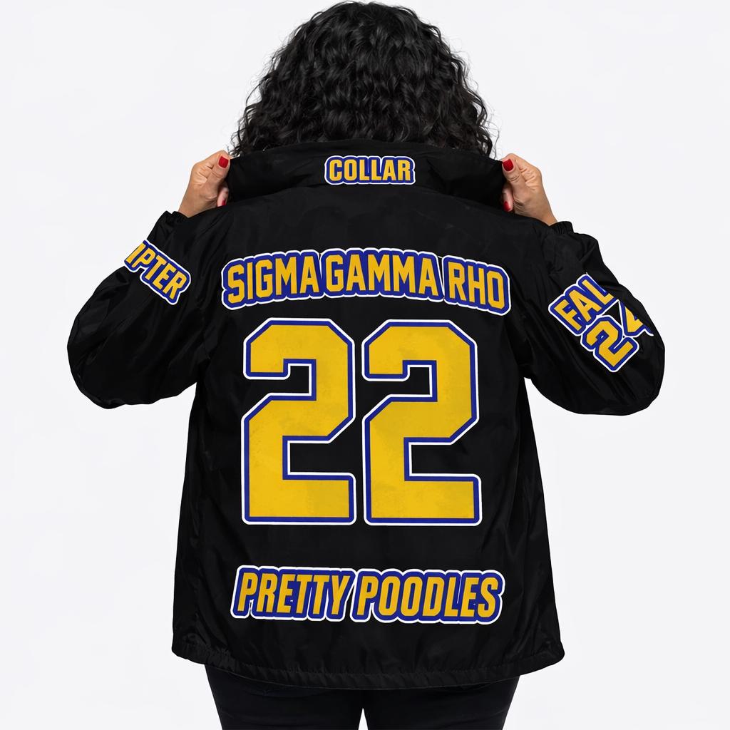 Black / Red Sigma Gamma Rho Coach Line Jacket with personalized front, back, and sleeve embroidery