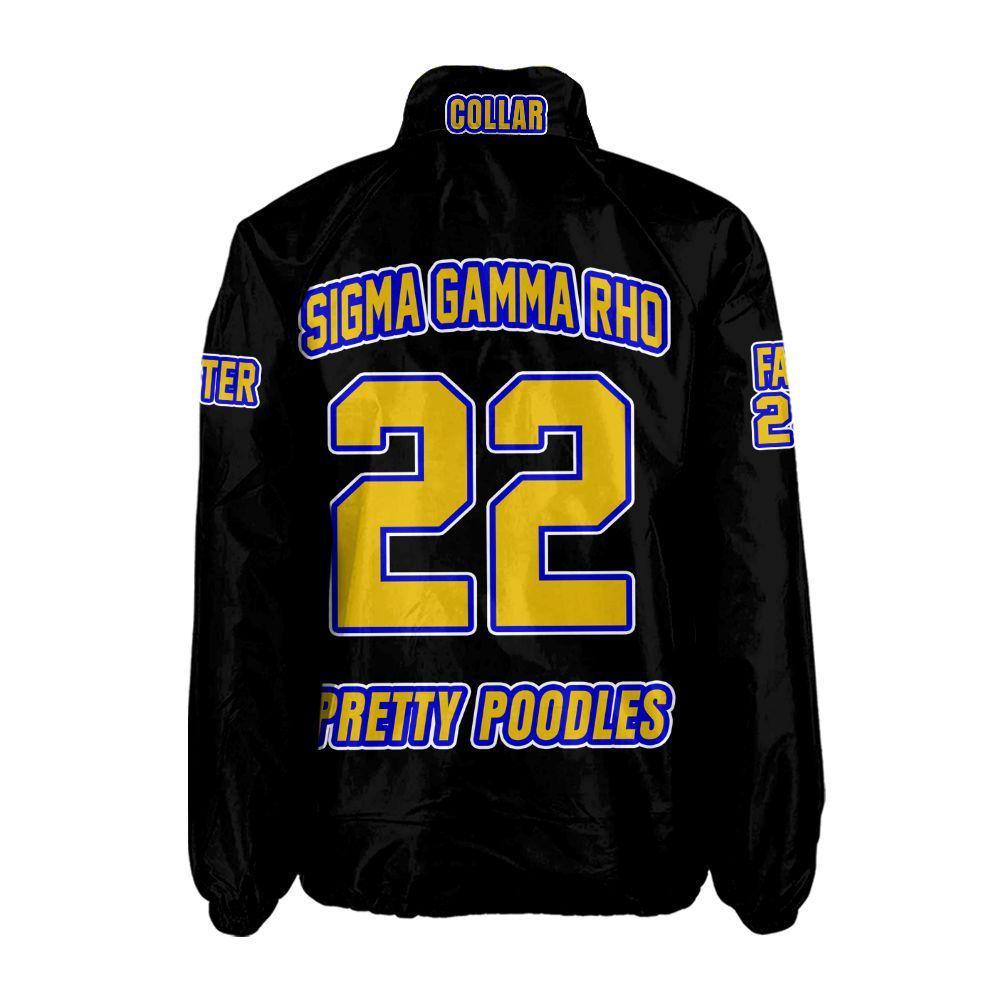 Black / Red Sigma Gamma Rho Coach Line Jacket with personalized front, back, and sleeve embroidery