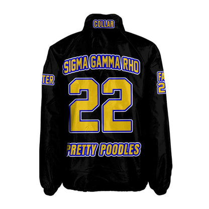 Black / Red Sigma Gamma Rho Coach Line Jacket with personalized front, back, and sleeve embroidery