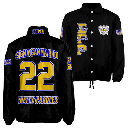 Red Sigma Gamma Rho Coach Line Jacket with personalized front, back, and sleeve embroidery