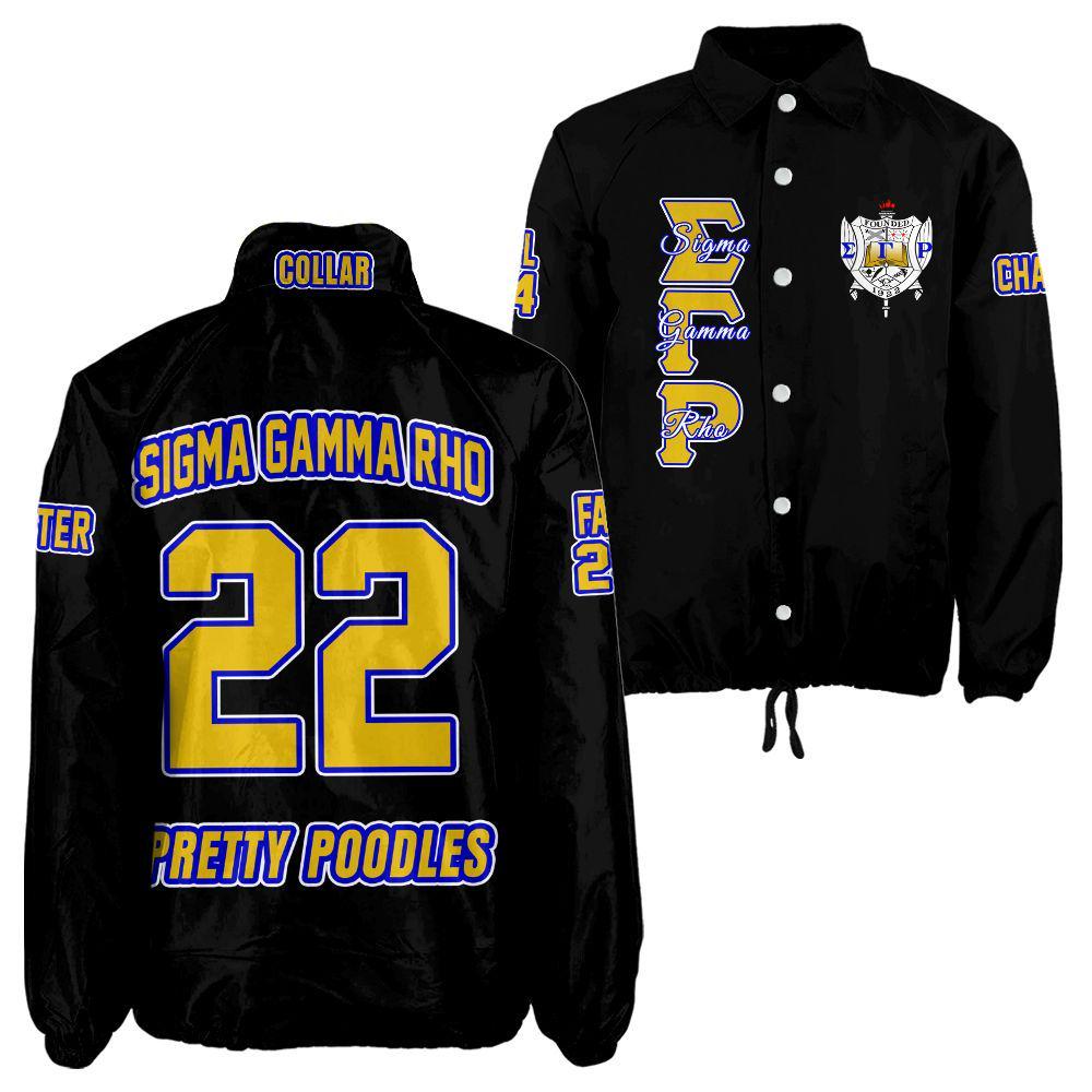 Black / Red Sigma Gamma Rho Coach Line Jacket with personalized front, back, and sleeve embroidery