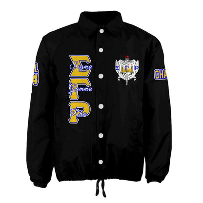 Black / Red Sigma Gamma Rho Coach Line Jacket with personalized front, back, and sleeve embroidery