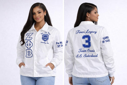White / Red Zeta Phi Beta Coach Line Jacket with personalized front, back, and sleeve embroidery