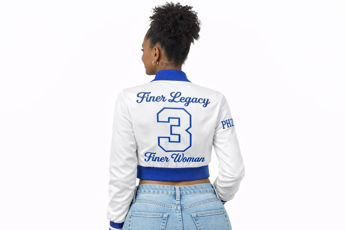 White / Red Zeta Phi Beta Cropped Line Jacket with personalized front, back, and sleeve embroidery