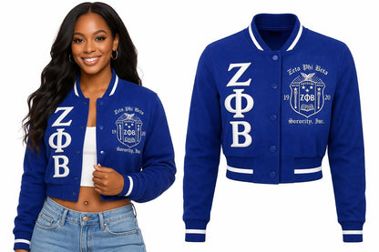 White / Red Zeta Phi Beta Cropped Line Jacket with personalized front, back, and sleeve embroidery
