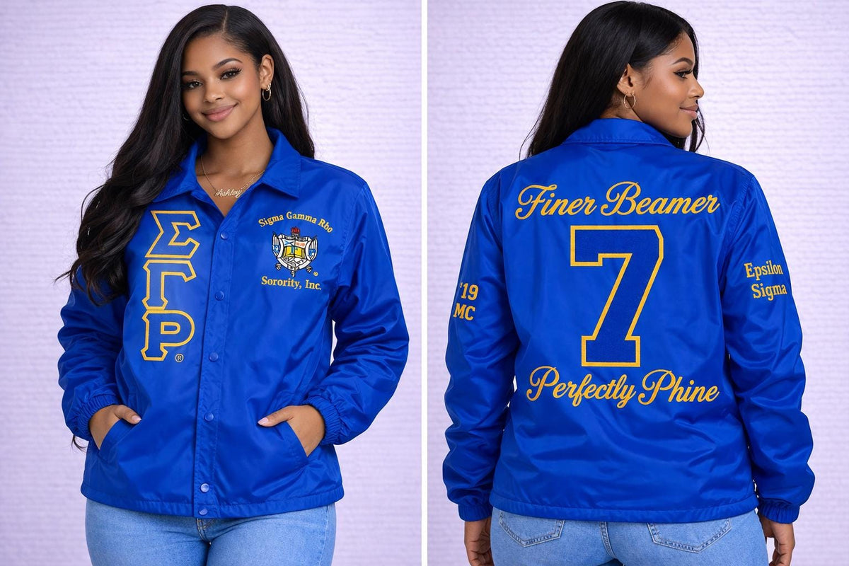 Red Sigma Gamma Rho Coach Line Jacket with personalized front, back, and sleeve embroidery