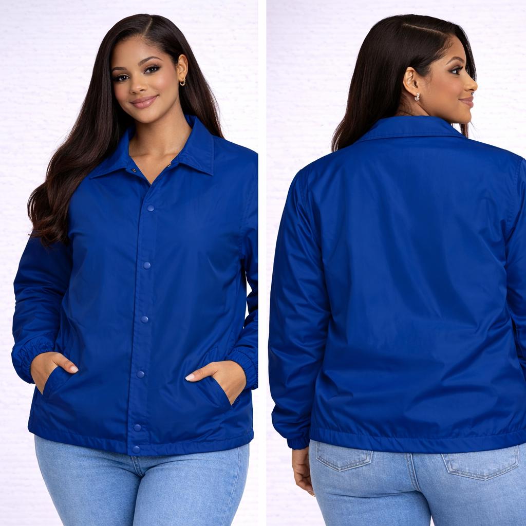 Red / Blue Sigma Gamma Rho Coach Line Jacket with personalized front, back, and sleeve embroidery