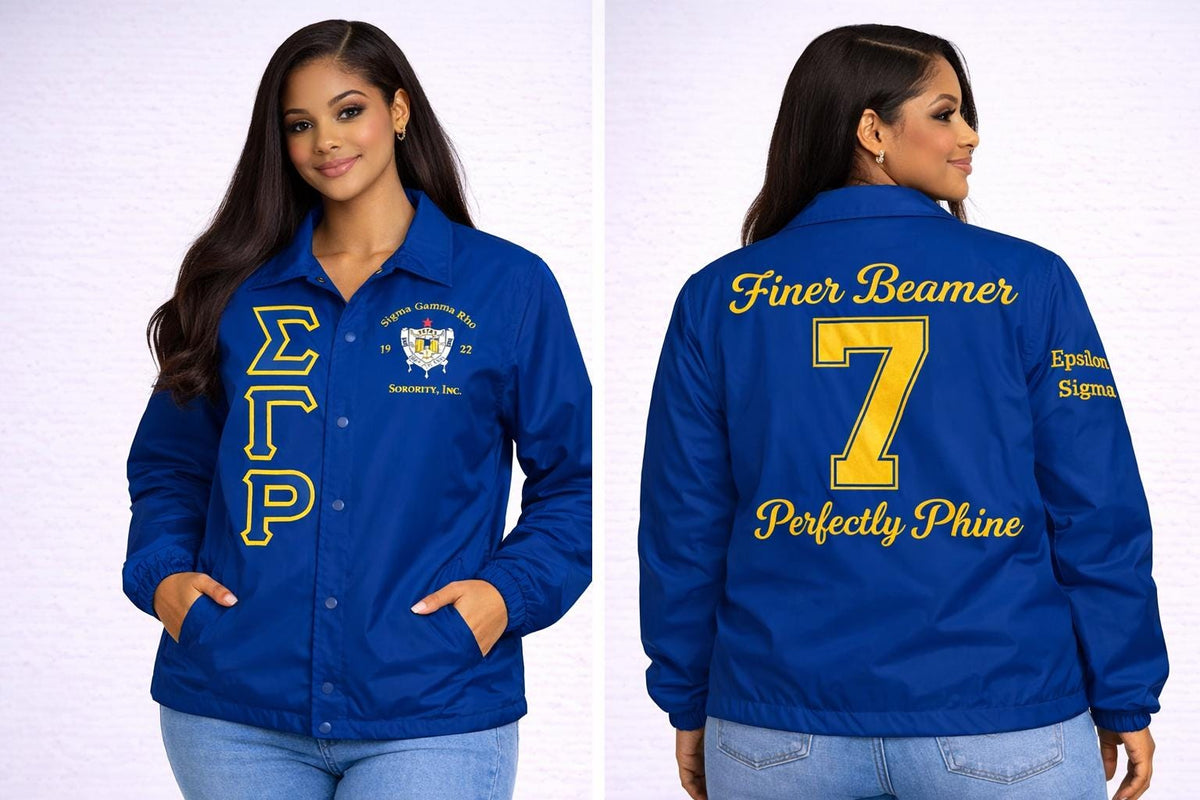 Red Sigma Gamma Rho Coach Line Jacket with personalized front, back, and sleeve embroidery
