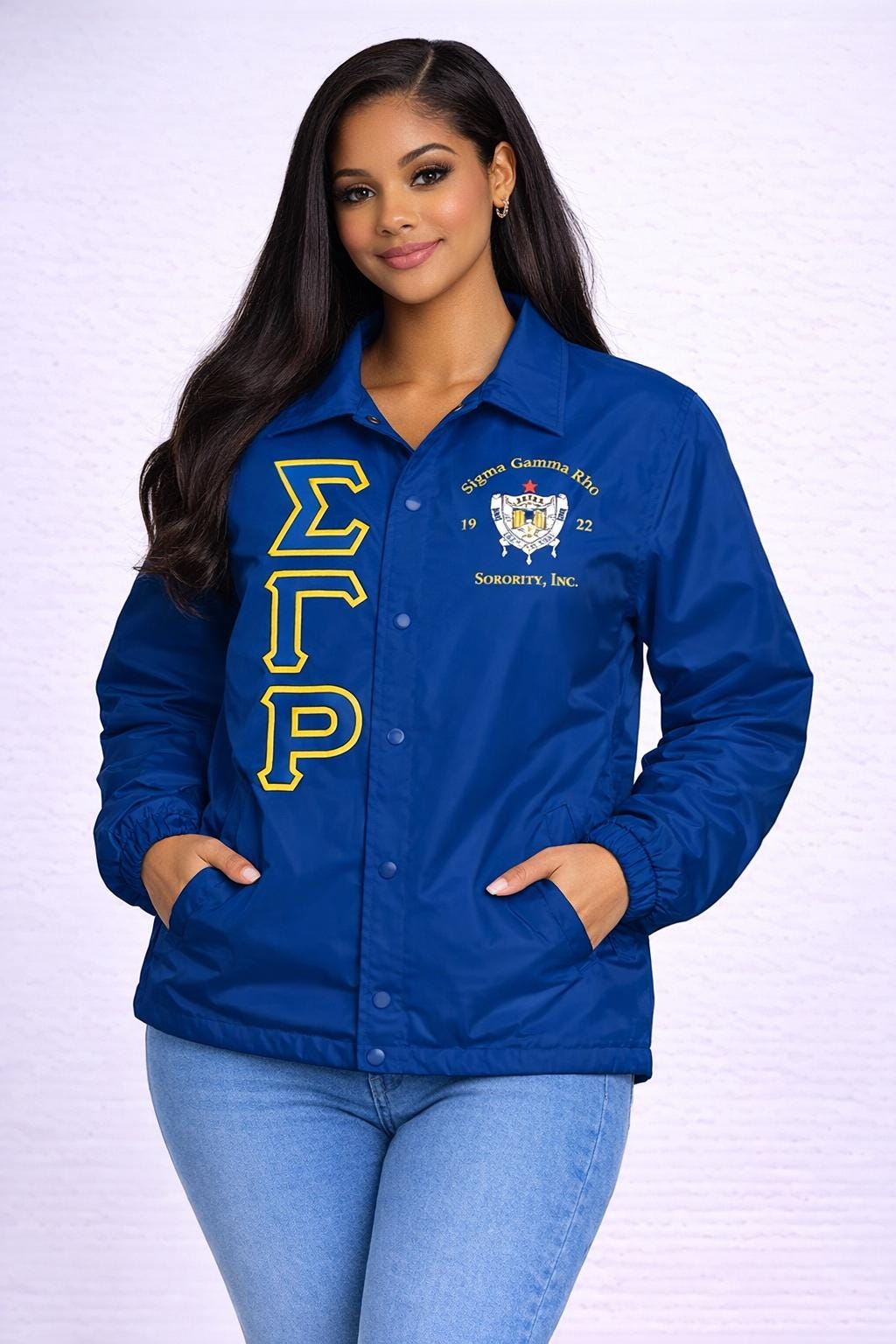Red / Blue Sigma Gamma Rho Coach Line Jacket with personalized front, back, and sleeve embroidery