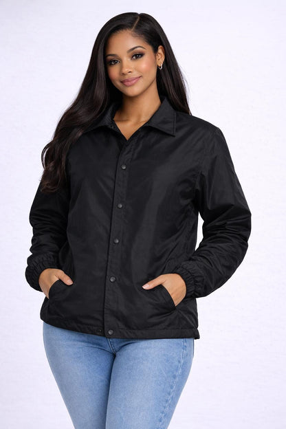 Black / Red Sigma Gamma Rho Coach Line Jacket with personalized front, back, and sleeve embroidery