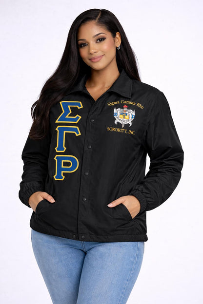 Black / Red Sigma Gamma Rho Coach Line Jacket with personalized front, back, and sleeve embroidery