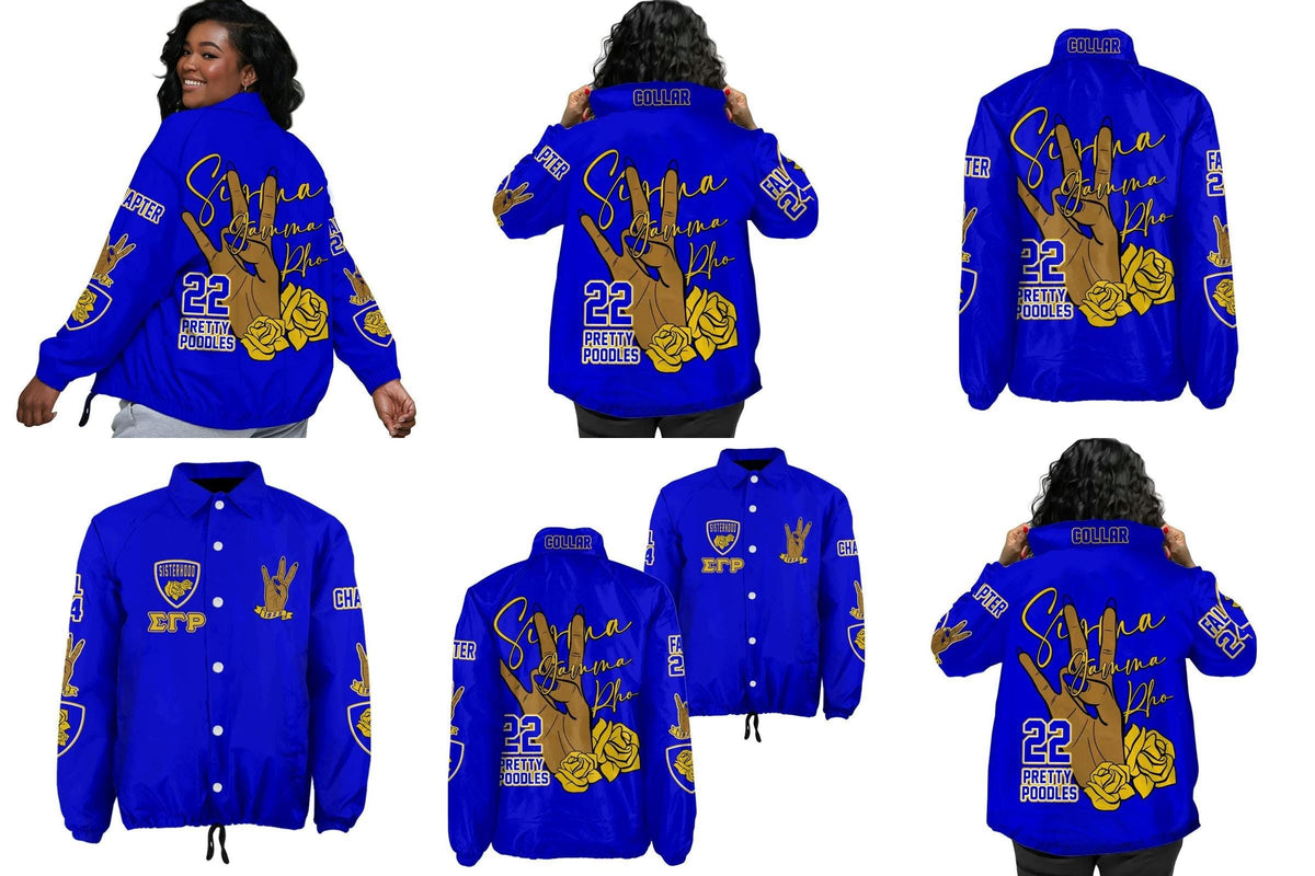 Red Sigma Gamma Rho Coach Line Jacket with personalized front, back, and sleeve embroidery