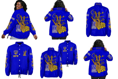 Red Sigma Gamma Rho Coach Line Jacket with personalized front, back, and sleeve embroidery
