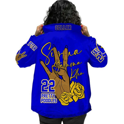 Red Sigma Gamma Rho Coach Line Jacket with personalized front, back, and sleeve embroidery