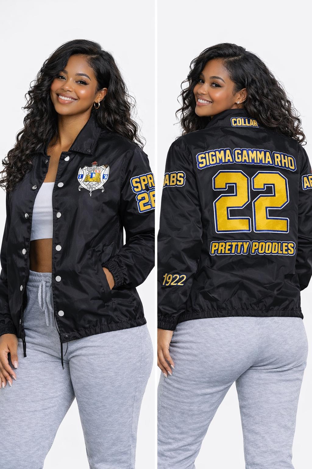 Black / Red Sigma Gamma Rho Coach Line Jacket with personalized front, back, and sleeve embroidery