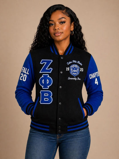 Red Zeta Phi Beta Varsity Line Jacket with personalized front, back, and sleeve embroidery