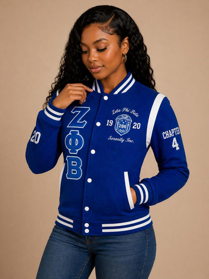 Red Zeta Phi Beta Varsity Line Jacket with personalized front, back, and sleeve embroidery