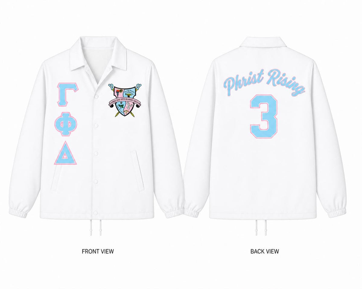 White / Pink custom embroidered Custom Line Jacket with personalized front, back, and sleeve embroidery