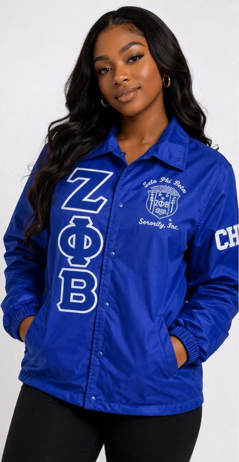 Royal Blue / Black Zeta Phi Beta Custom Line Jacket with personalized front, back, and sleeve embroidery