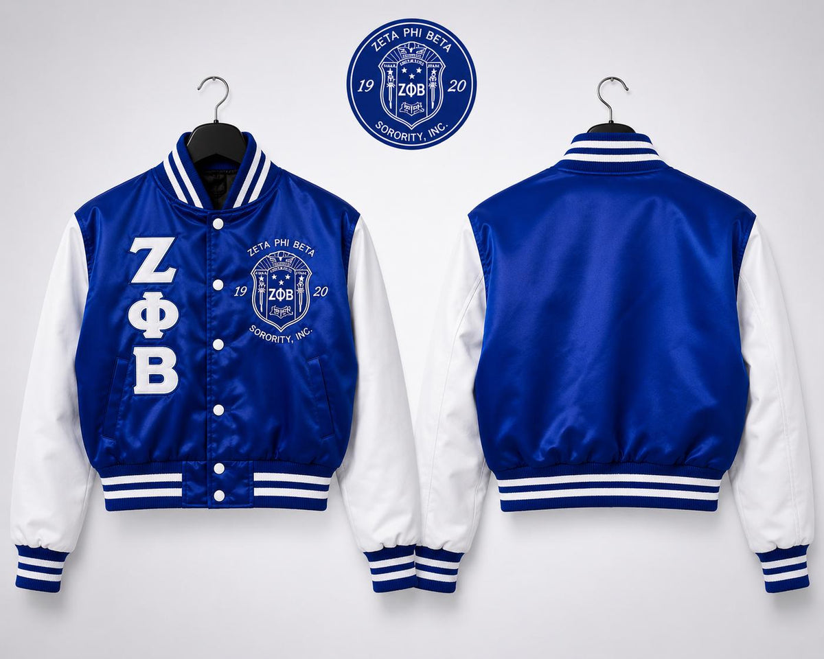 White / Red Zeta Phi Beta Cropped Line Jacket with personalized front, back, and sleeve embroidery