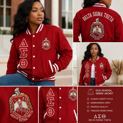 Red custom embroidered Varsity Line Jacket with personalized front, back, and sleeve embroidery