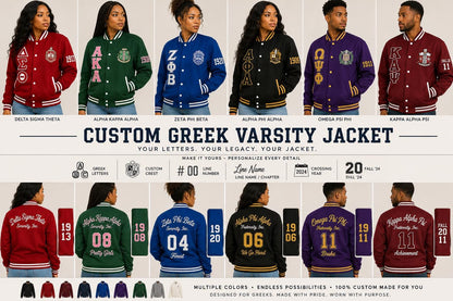 Red custom embroidered Varsity Line Jacket with personalized front, back, and sleeve embroidery