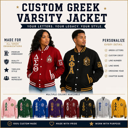Red custom embroidered Varsity Line Jacket with personalized front, back, and sleeve embroidery