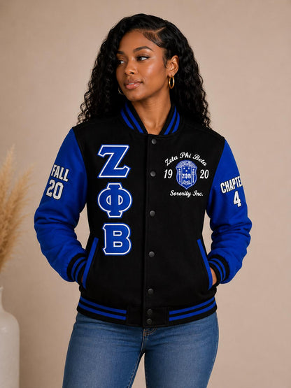 Red Zeta Phi Beta Varsity Line Jacket with personalized front, back, and sleeve embroidery