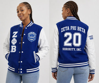 Red Zeta Phi Beta Varsity Line Jacket with personalized front, back, and sleeve embroidery