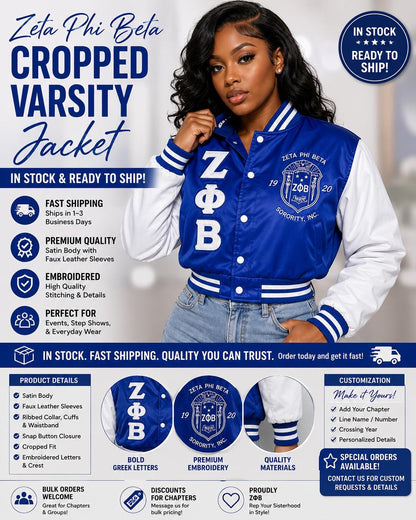 White / Red Zeta Phi Beta Cropped Line Jacket with personalized front, back, and sleeve embroidery