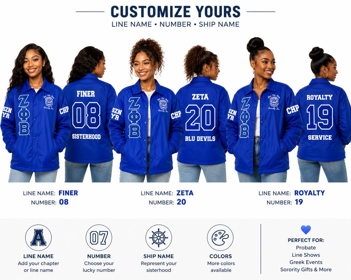 Red Zeta Phi Beta Coach Line Jacket with personalized front, back, and sleeve embroidery