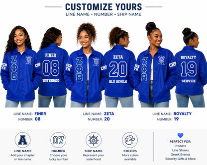 Red Zeta Phi Beta Coach Line Jacket with personalized front, back, and sleeve embroidery