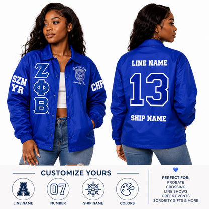 Red Zeta Phi Beta Varsity Line Jacket with personalized front, back, and sleeve embroidery