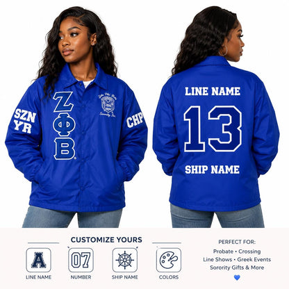 Red Zeta Phi Beta Coach Line Jacket with personalized front, back, and sleeve embroidery