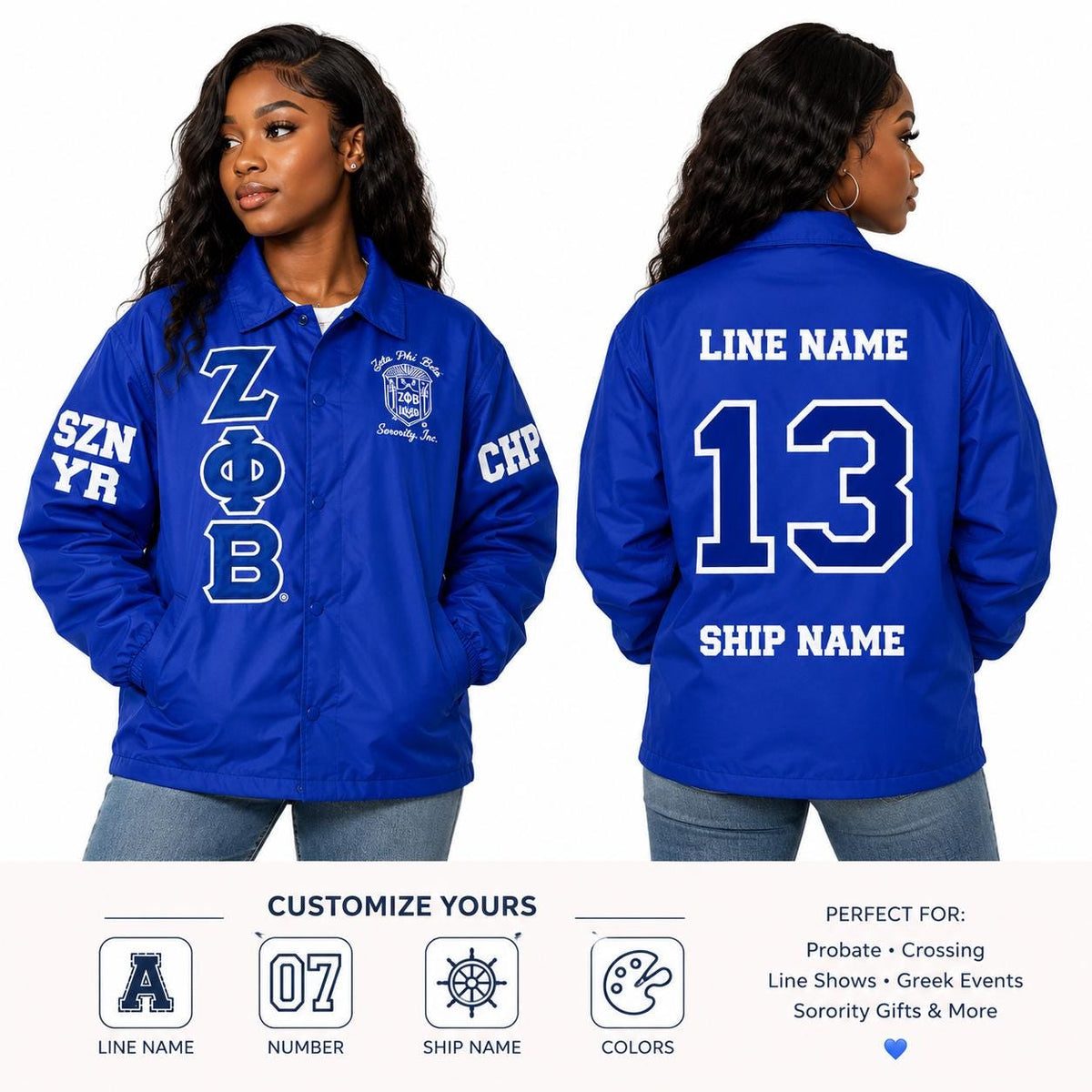 Red Zeta Phi Beta Varsity Line Jacket with personalized front, back, and sleeve embroidery