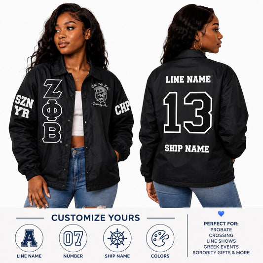 Red Zeta Phi Beta Coach Line Jacket with personalized front, back, and sleeve embroidery