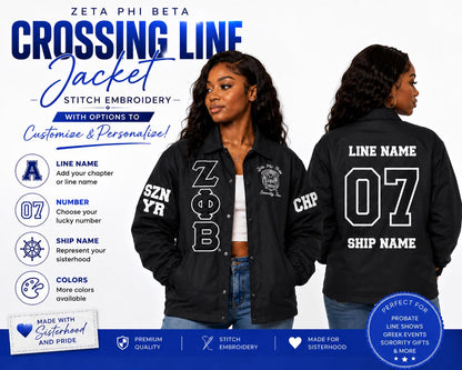 Red Zeta Phi Beta Coach Line Jacket with personalized front, back, and sleeve embroidery