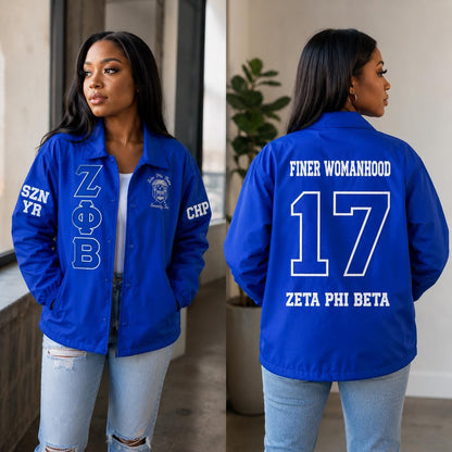 Red Zeta Phi Beta Varsity Line Jacket with personalized front, back, and sleeve embroidery