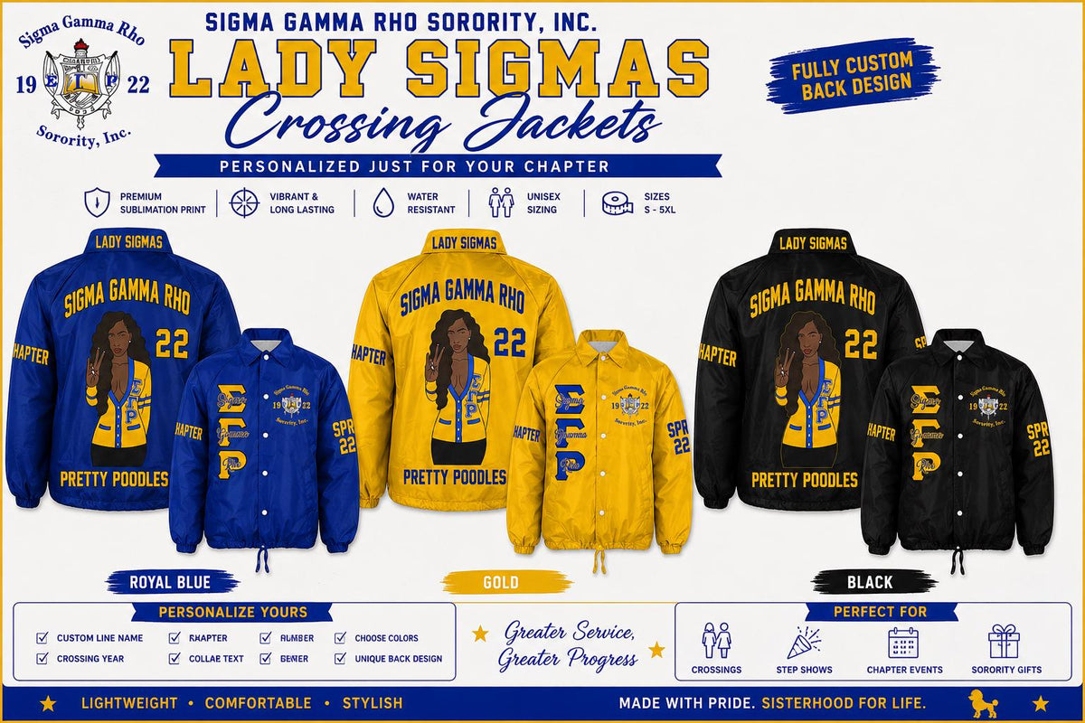 Red Sigma Gamma Rho Custom Line Jacket with personalized front, back, and sleeve embroidery