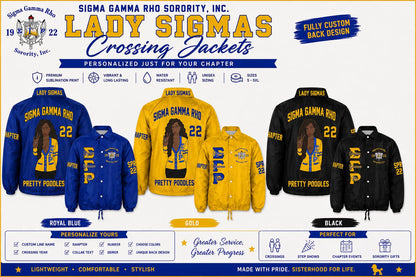 Red Sigma Gamma Rho Custom Line Jacket with personalized front, back, and sleeve embroidery