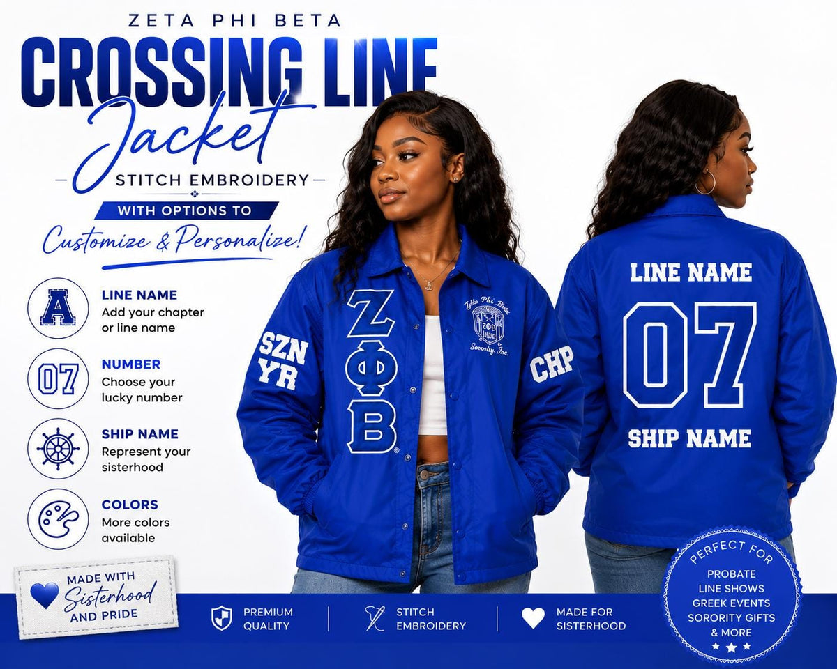 Red Zeta Phi Beta Coach Line Jacket with personalized front, back, and sleeve embroidery