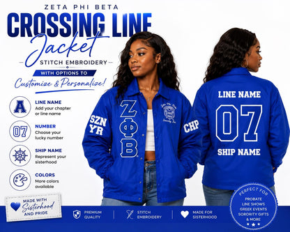 Red Zeta Phi Beta Coach Line Jacket with personalized front, back, and sleeve embroidery