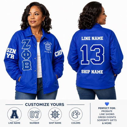 Red Zeta Phi Beta Coach Line Jacket with personalized front, back, and sleeve embroidery