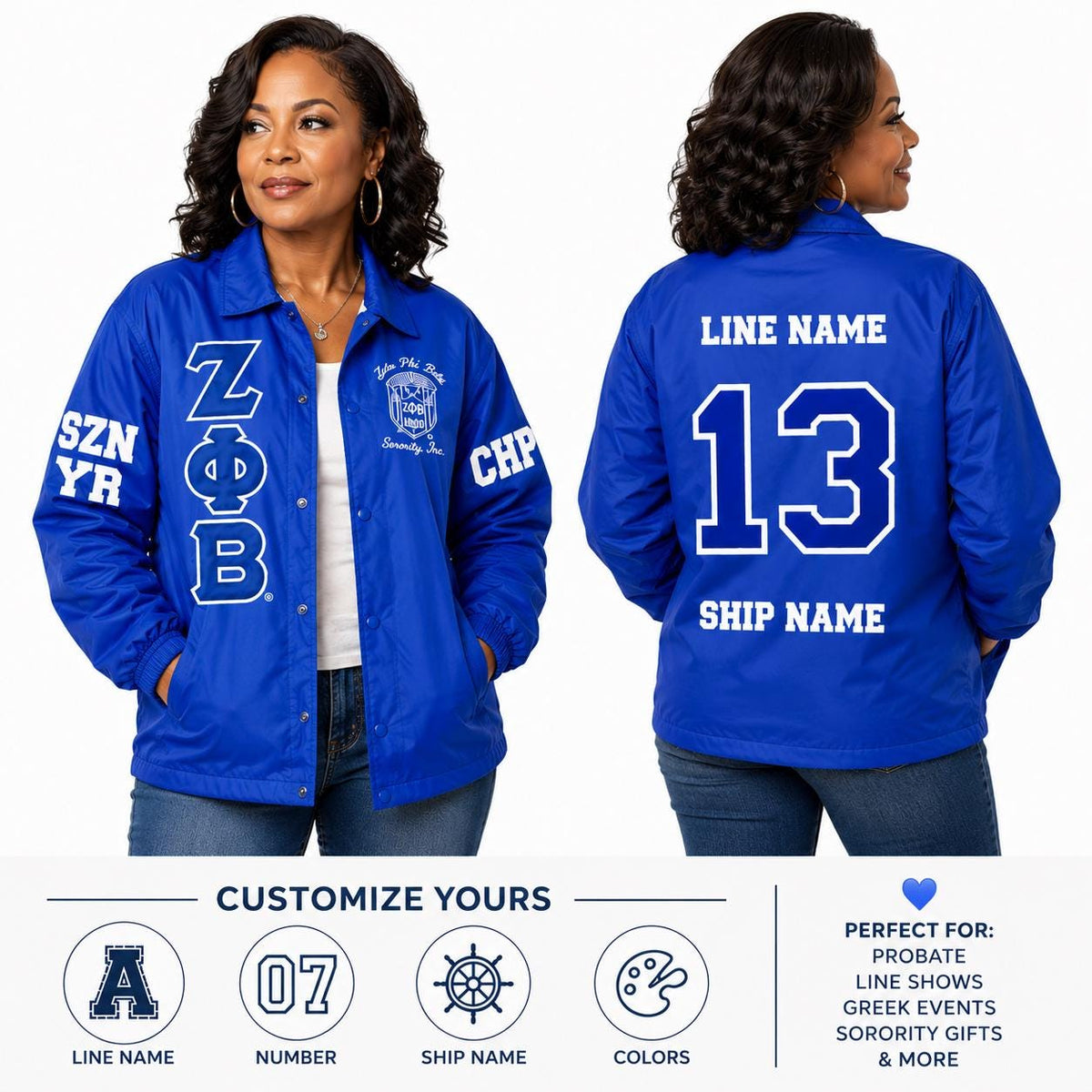 Red Zeta Phi Beta Varsity Line Jacket with personalized front, back, and sleeve embroidery