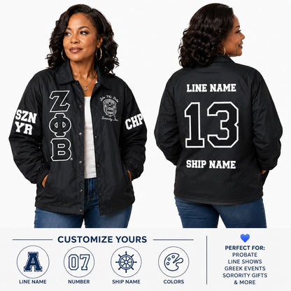 Red Zeta Phi Beta Coach Line Jacket with personalized front, back, and sleeve embroidery