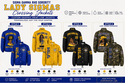 Red Sigma Gamma Rho Custom Line Jacket with personalized front, back, and sleeve embroidery